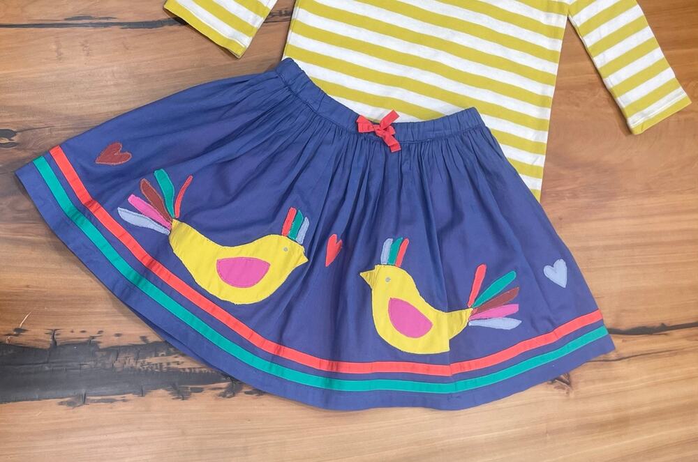 NEW Mini Boden Love Bird Appliqué Skirt Blue 5 - 6 y